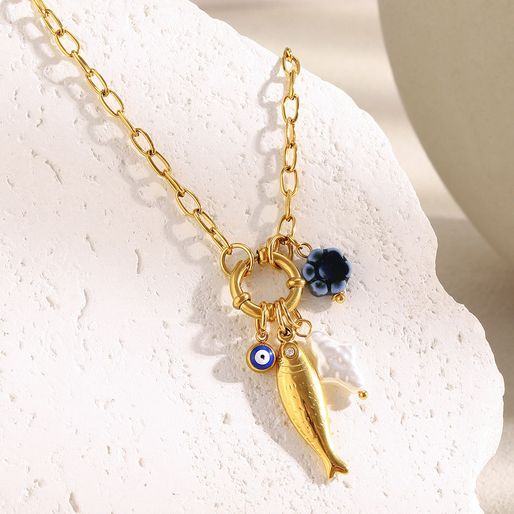 Fashion Unique Modern Stainless Steel Gold-color Plated Geometric Figaro Chain Spring Buckle Fish Pendant Natural Anniversary Gift