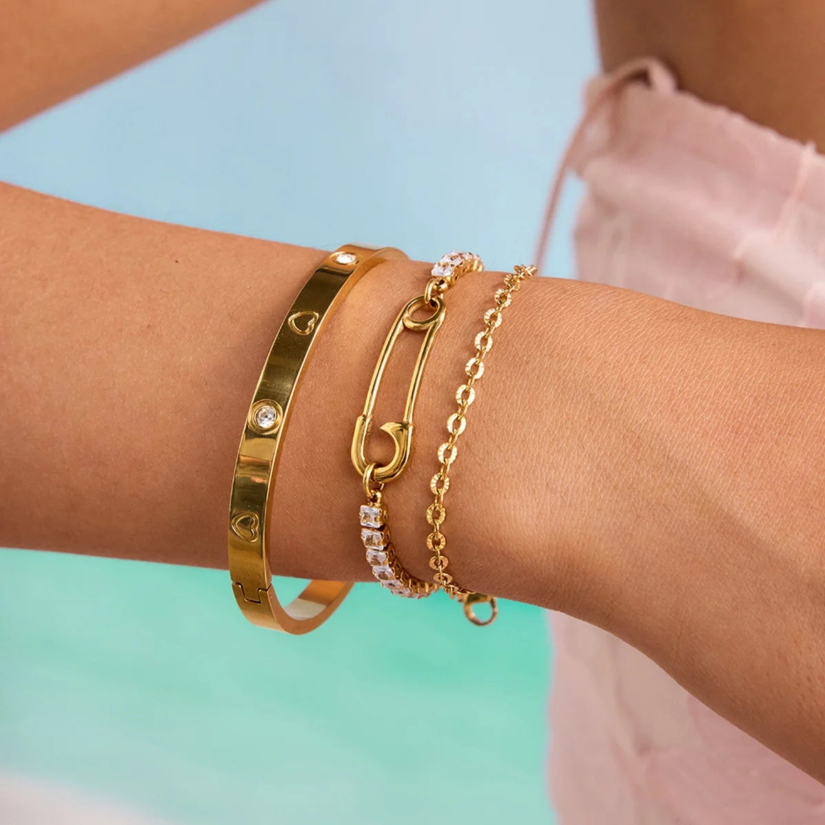 High-End Women’s Gold Plated Stainless Steel Chain Bracelet – Geometric Diamond & Bead Design, Colorfast Fashion