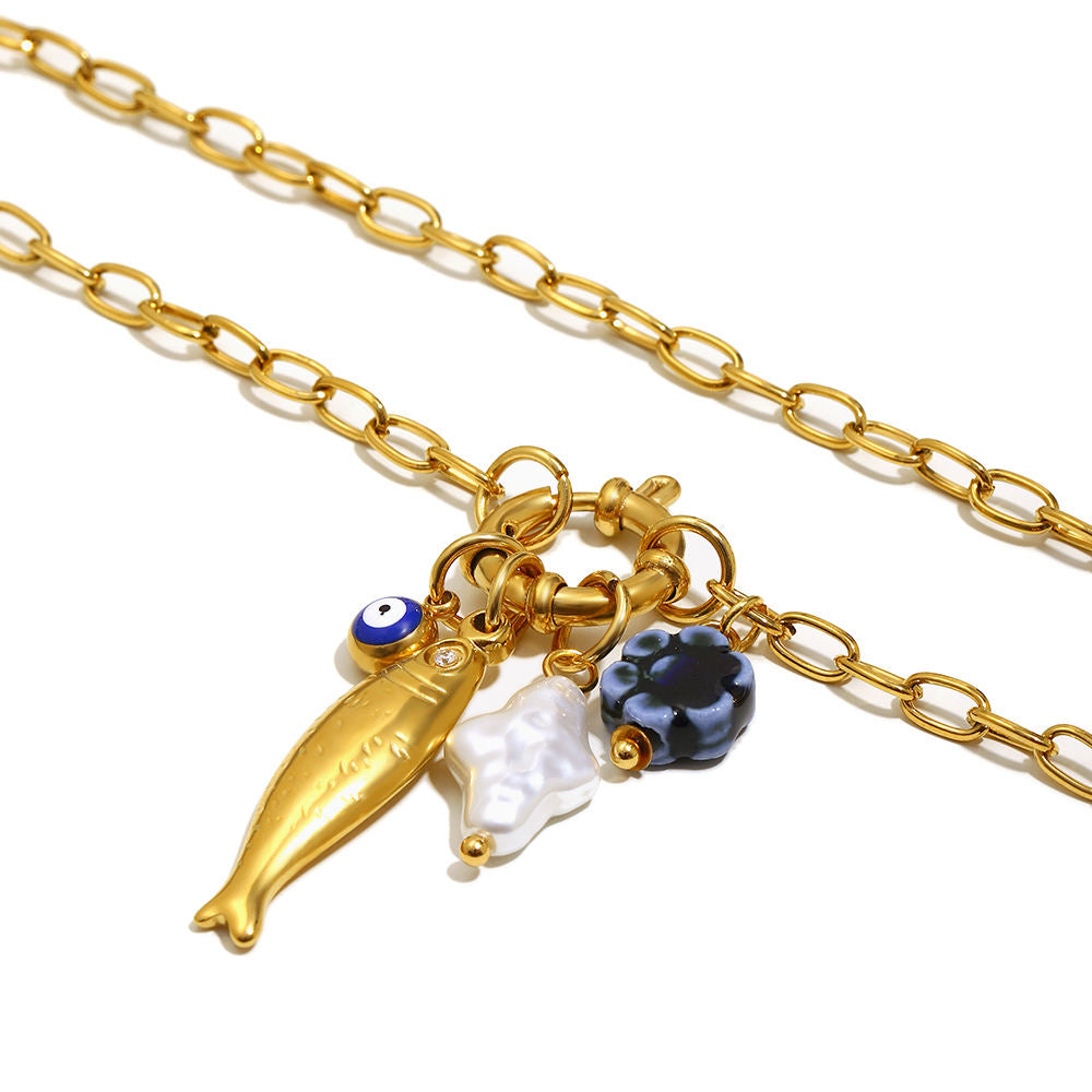 Fashion Unique Modern Stainless Steel Gold-color Plated Geometric Figaro Chain Spring Buckle Fish Pendant Natural Anniversary Gift