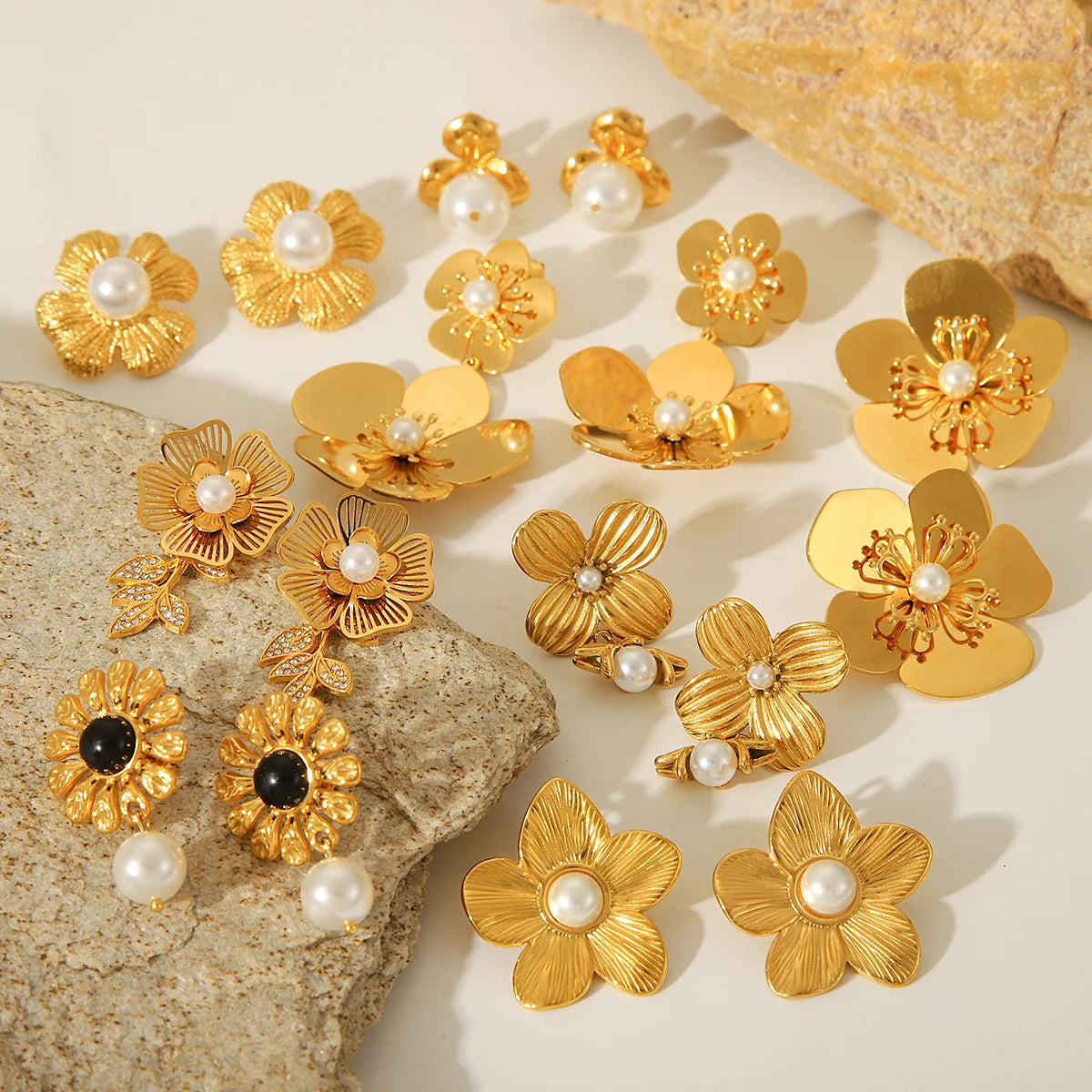 French 18K Gold Stainless Steel Geometric Drop Earrings Imitation Pearl Zircon Women's Fashion Accessories