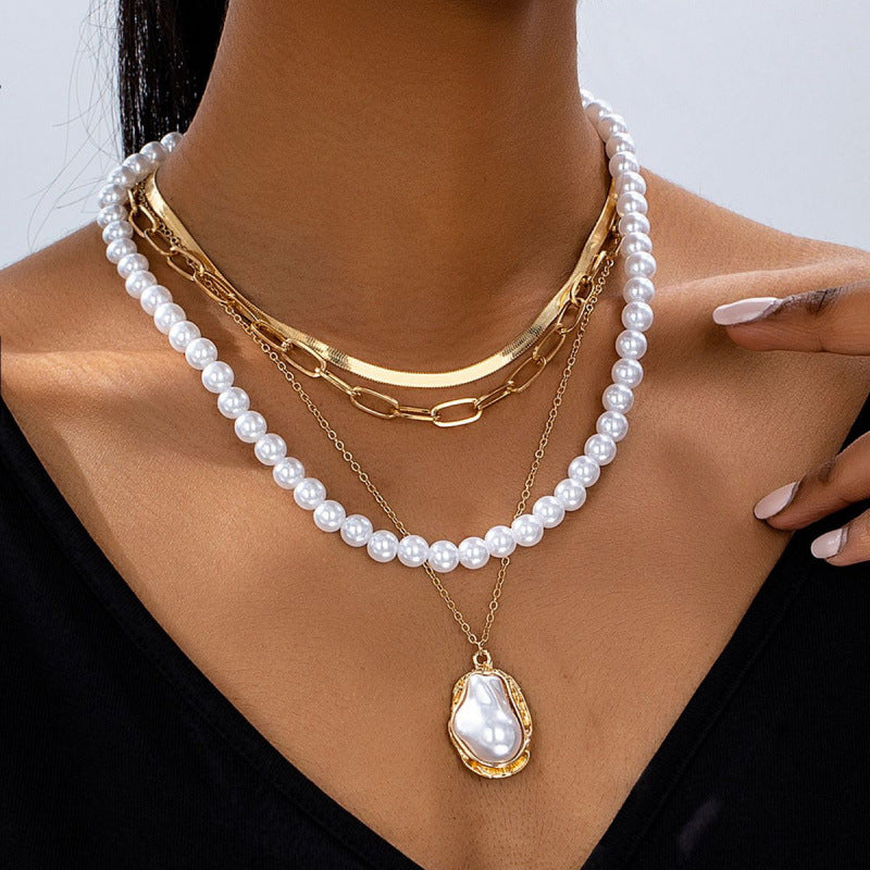High-Quality 18K Gold Plated Stainless Steel Jewelry Set Minimalist Geometric Imitation Pearl Necklace Bracelet Ring for Women