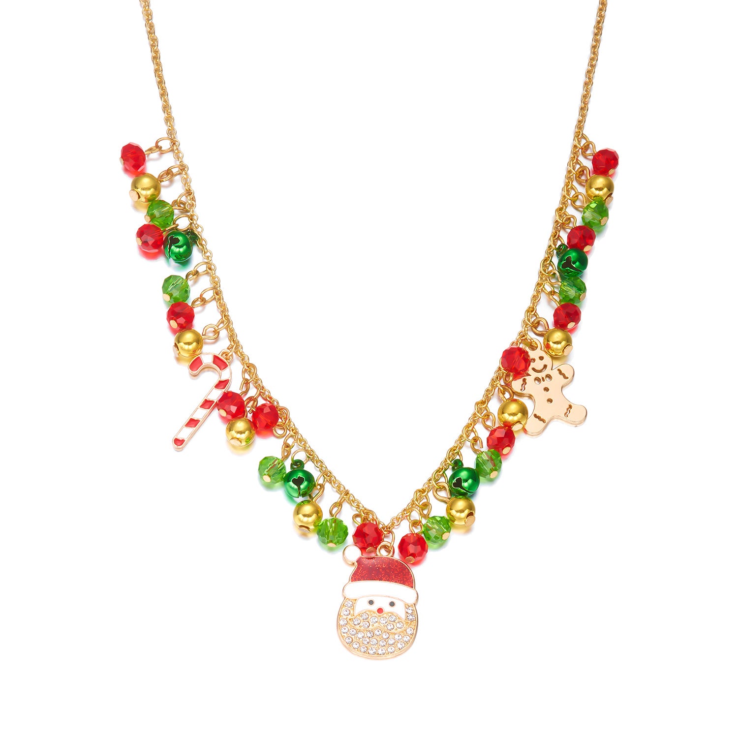 Fashion Christmas Jewelry Necklace Female Diamond Bell & Wreath Pendant Santa Claus Charm Figaro Chain