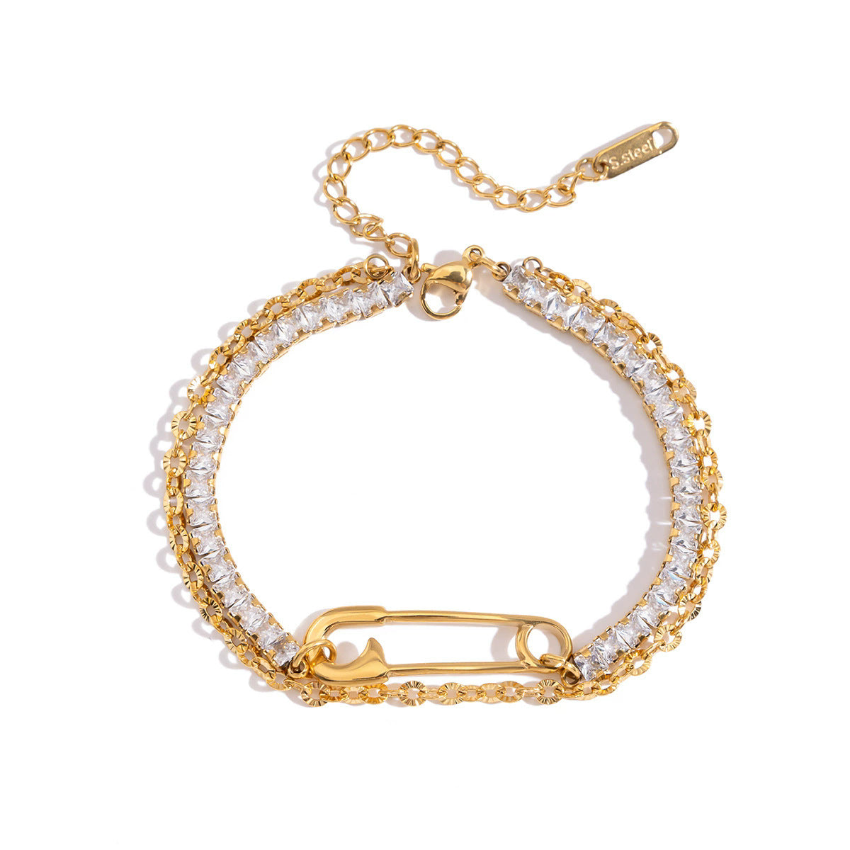 High-End Women’s Gold Plated Stainless Steel Chain Bracelet – Geometric Diamond & Bead Design, Colorfast Fashion
