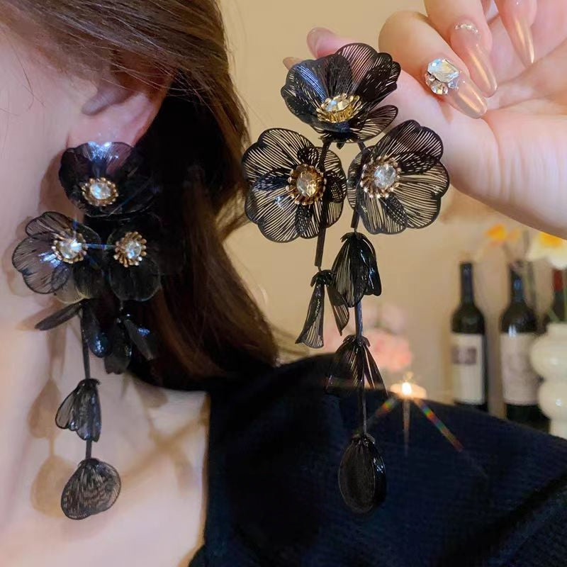 Delicate Vintage Tassel Drop Earrings Double-layer Gold Plated Stainless Steel Inlaid Shiny Bead Flower Leaf Women's