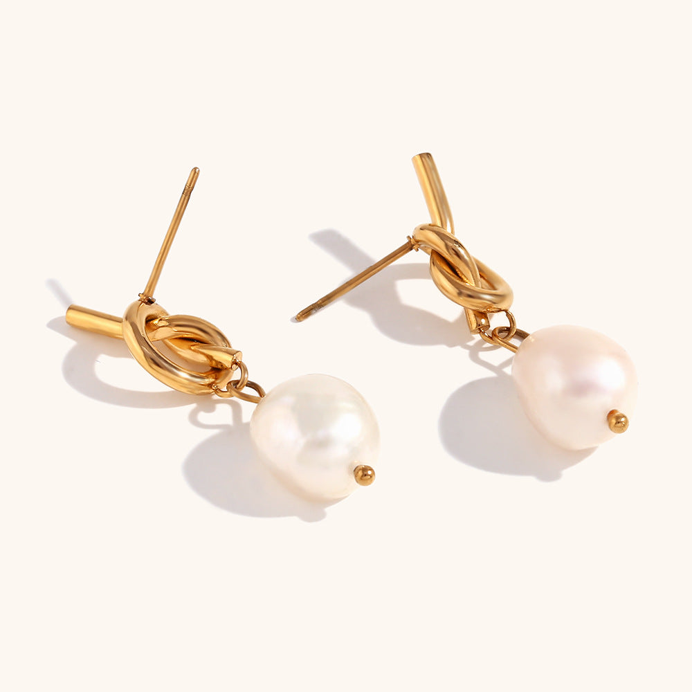 High-quality New Stainless Steel Electroplating 18K Gold Imitation Pearl Drop Earrings Gold Knot Buckle Trendy Anniversary