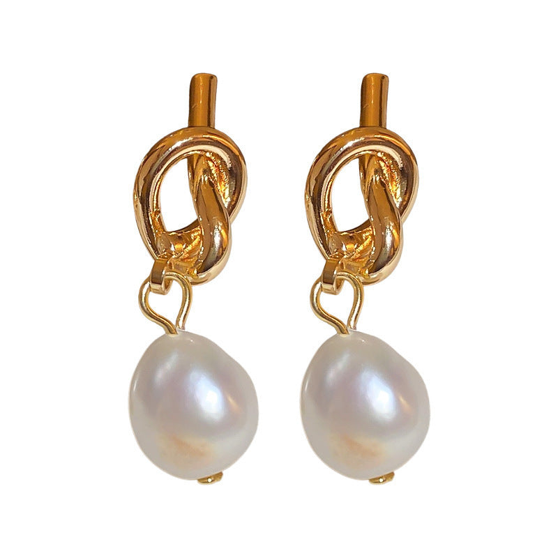 High-quality New Stainless Steel Electroplating 18K Gold Imitation Pearl Drop Earrings Gold Knot Buckle Trendy Anniversary