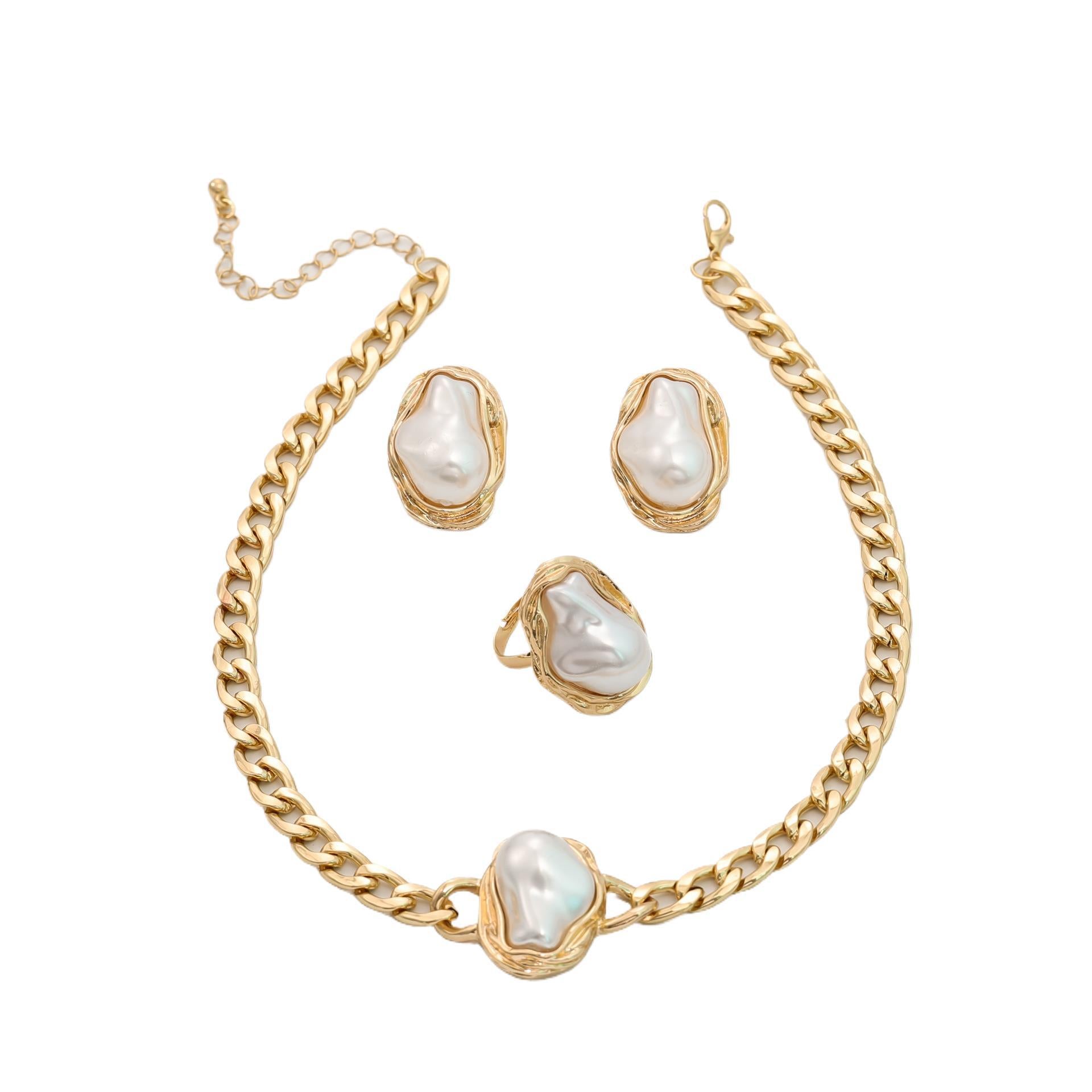 High-Quality 18K Gold Plated Stainless Steel Jewelry Set Minimalist Geometric Imitation Pearl Necklace Bracelet Ring for Women