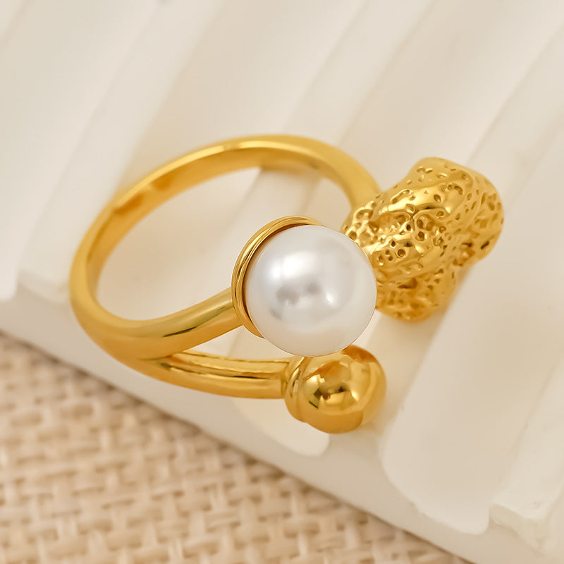 Geometric Trendy Women's Open Index Finger Ring High-end Design Nounce Fold Inlaid Pearl Stainless Steel Gold-color Plated Band
