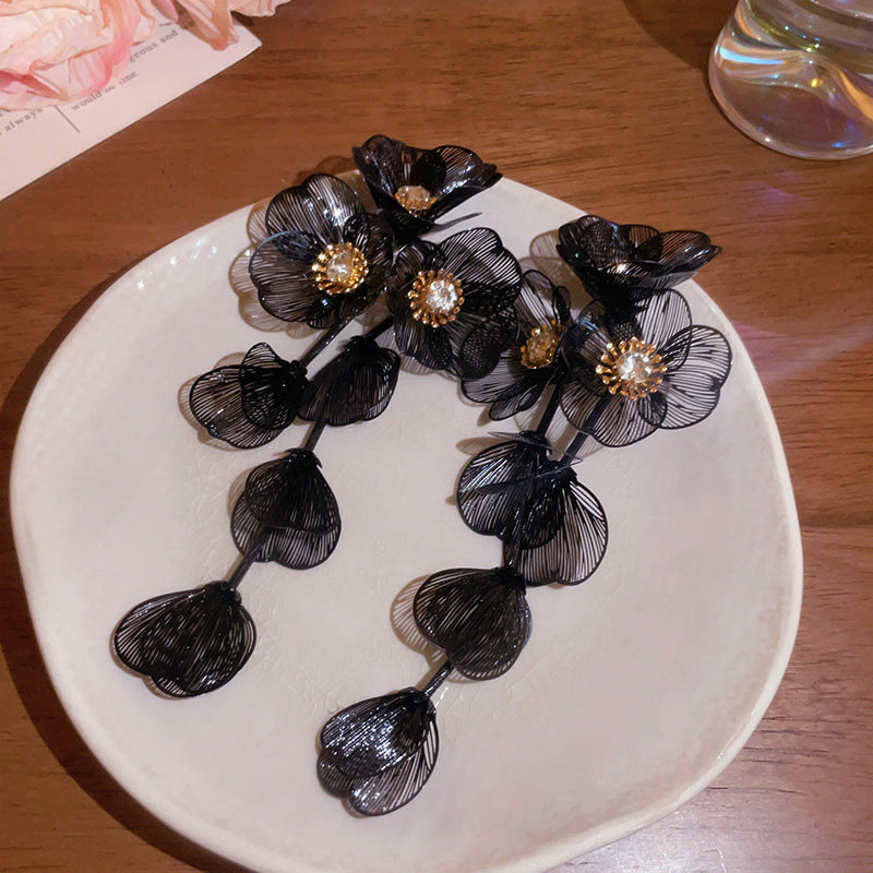 Delicate Vintage Tassel Drop Earrings Double-layer Gold Plated Stainless Steel Inlaid Shiny Bead Flower Leaf Women's