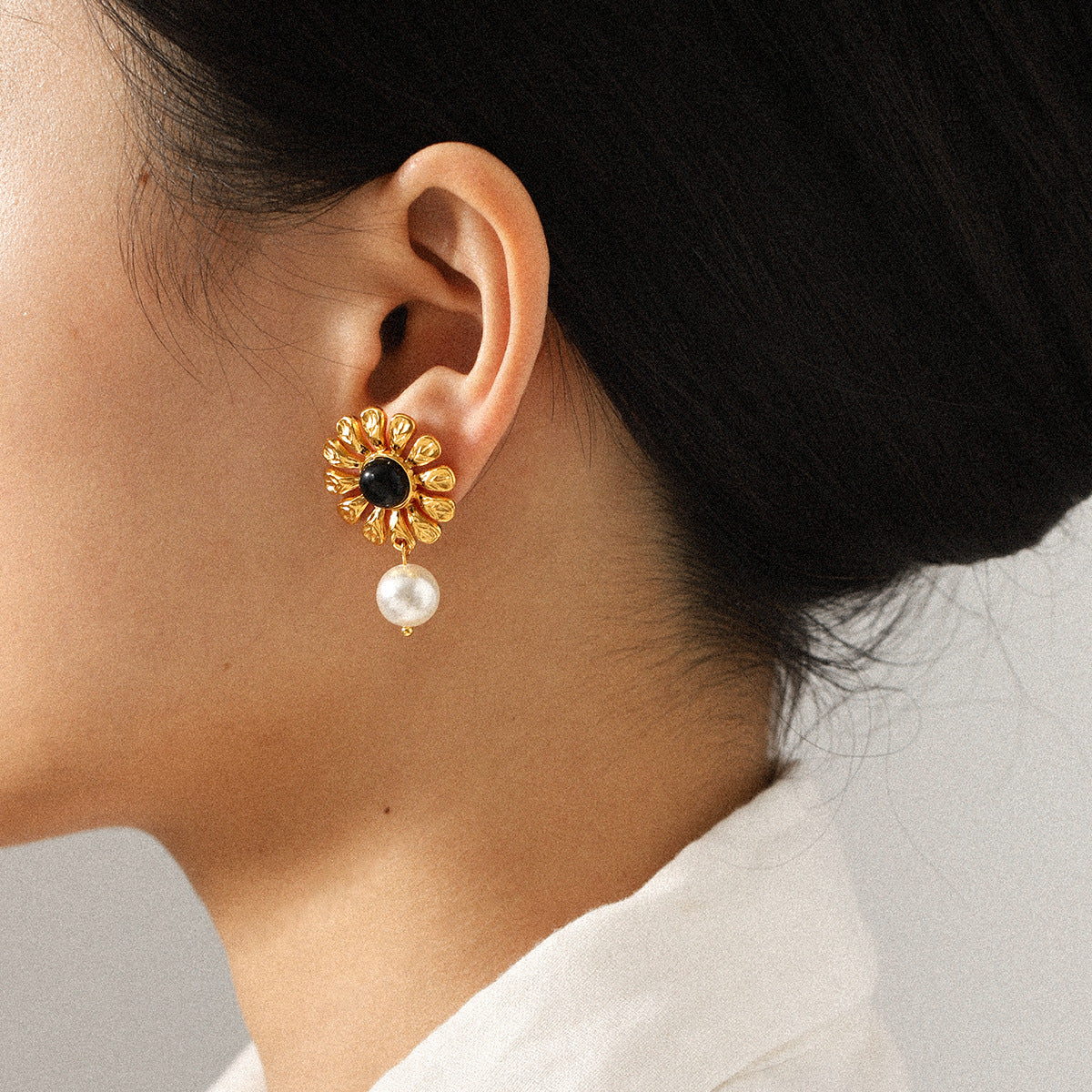 French 18K Gold Stainless Steel Geometric Drop Earrings Imitation Pearl Zircon Women's Fashion Accessories