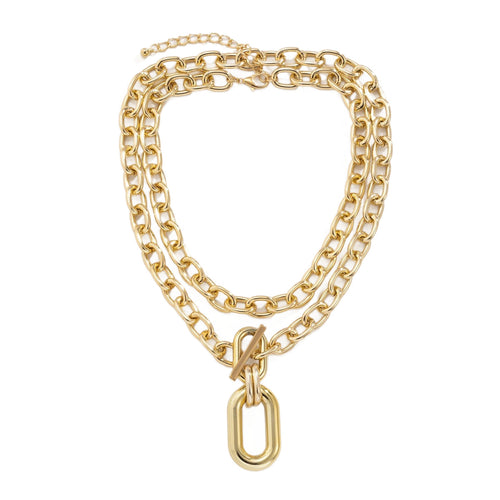 18K Gold Plated Stainless Steel Thick OT Buckle Figaro Chain Square Zircon Buddhism Statement Necklace