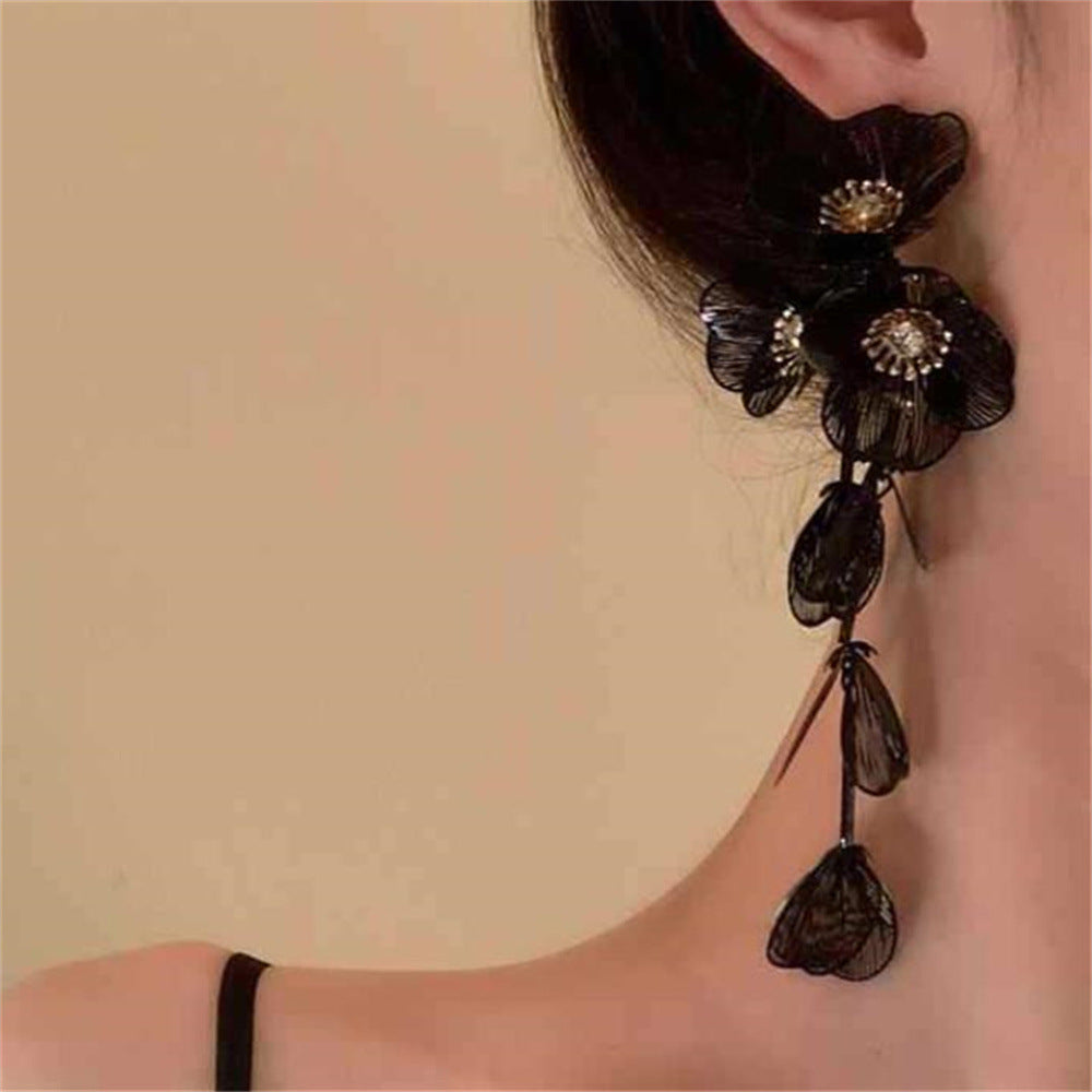 Delicate Vintage Tassel Drop Earrings Double-layer Gold Plated Stainless Steel Inlaid Shiny Bead Flower Leaf Women's