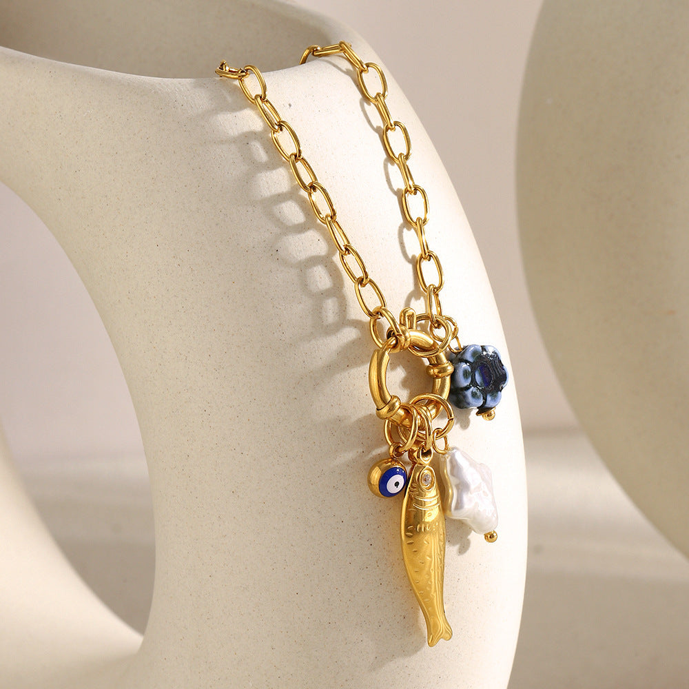 Fashion Unique Modern Stainless Steel Gold-color Plated Geometric Figaro Chain Spring Buckle Fish Pendant Natural Anniversary Gift