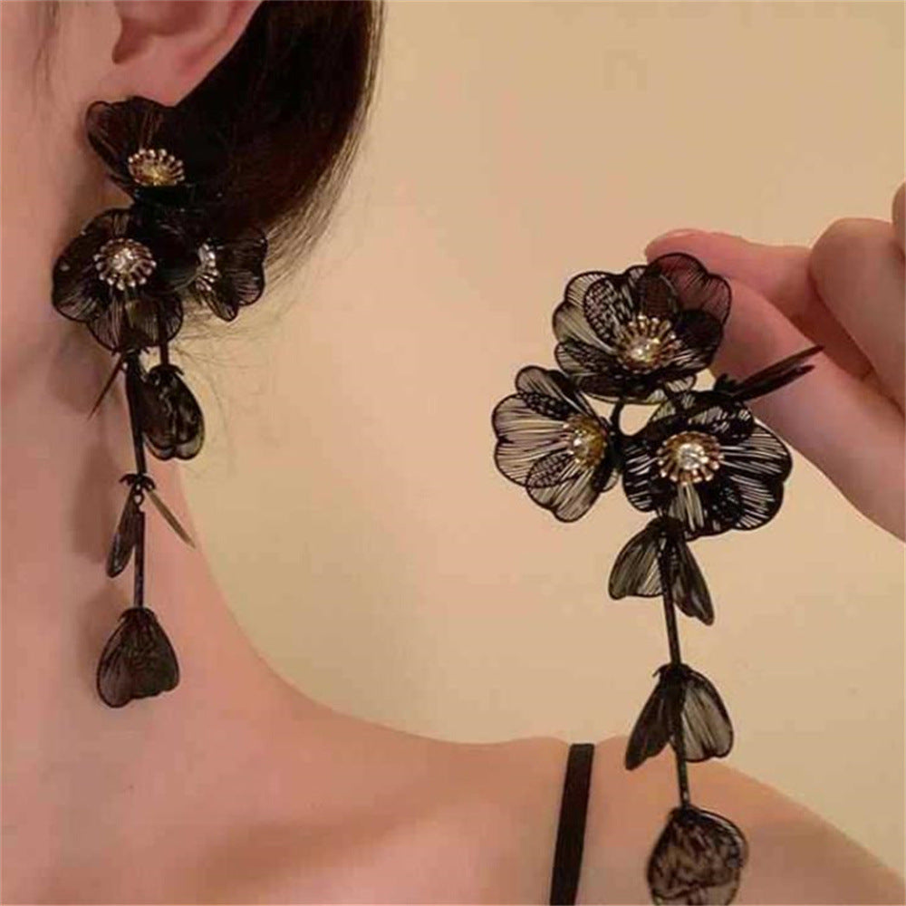 Delicate Vintage Tassel Drop Earrings Double-layer Gold Plated Stainless Steel Inlaid Shiny Bead Flower Leaf Women's