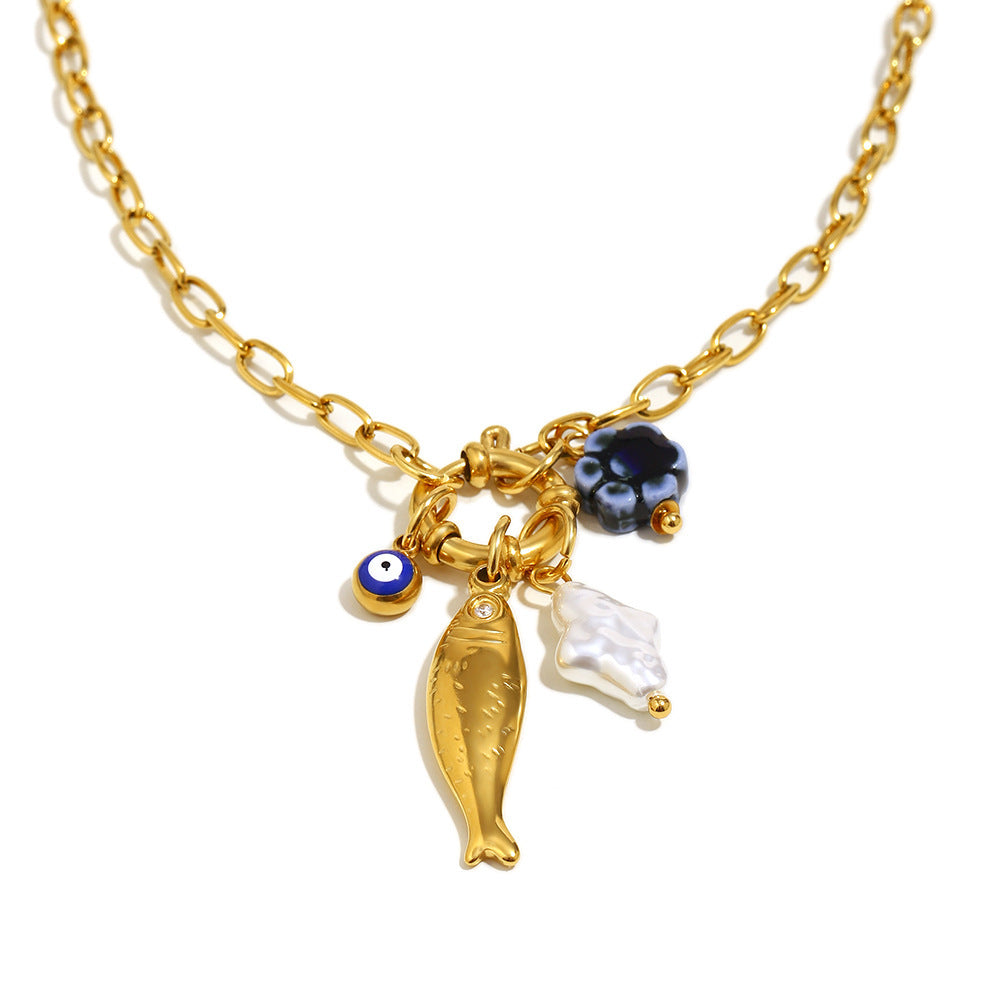 Fashion Unique Modern Stainless Steel Gold-color Plated Geometric Figaro Chain Spring Buckle Fish Pendant Natural Anniversary Gift