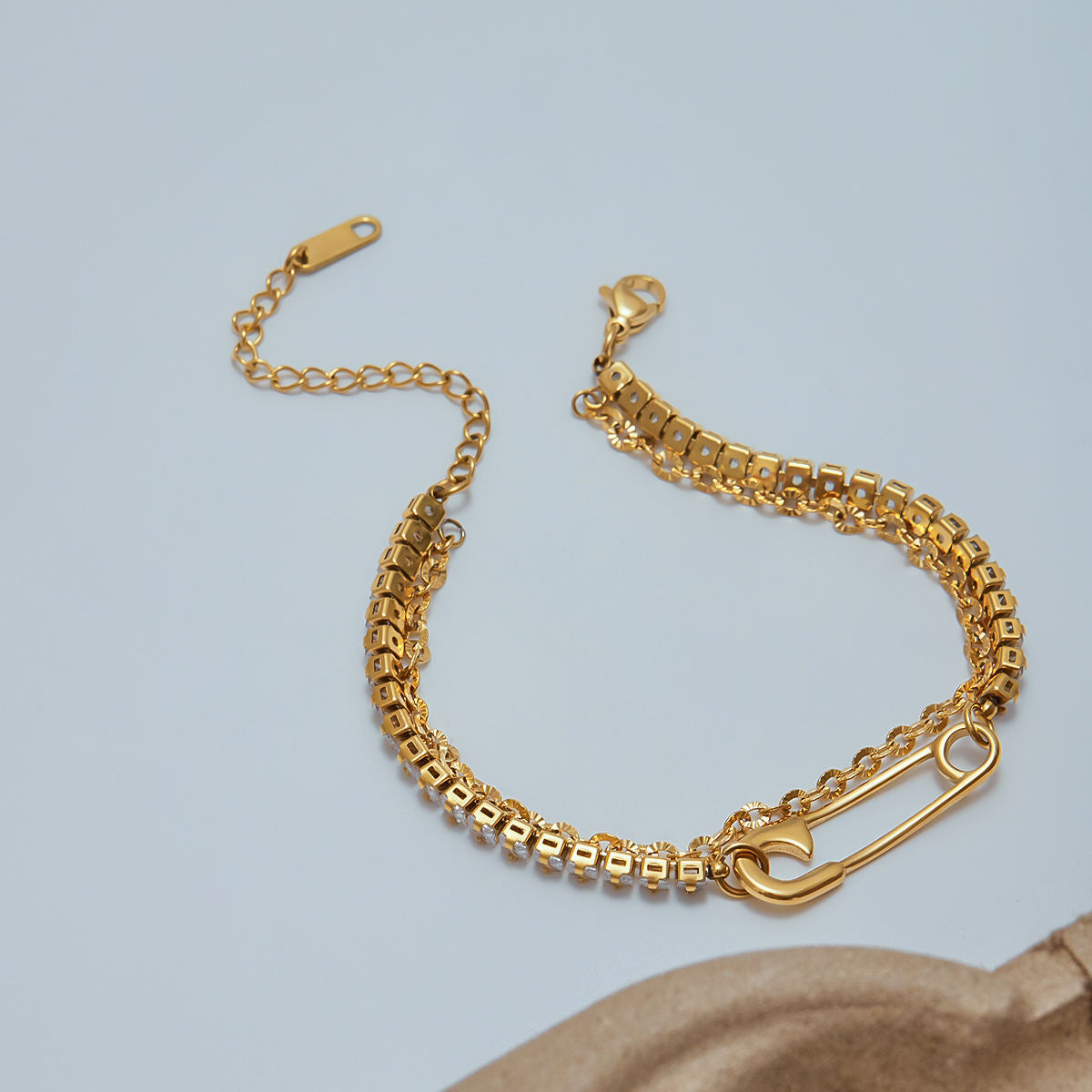 High-End Women’s Gold Plated Stainless Steel Chain Bracelet – Geometric Diamond & Bead Design, Colorfast Fashion