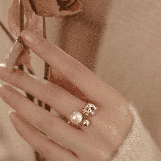 Geometric Trendy Women's Open Index Finger Ring High-end Design Nounce Fold Inlaid Pearl Stainless Steel Gold-color Plated Band