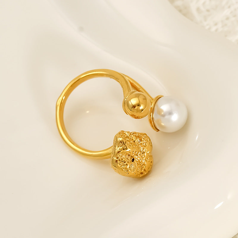 Geometric Trendy Women's Open Index Finger Ring High-end Design Nounce Fold Inlaid Pearl Stainless Steel Gold-color Plated Band