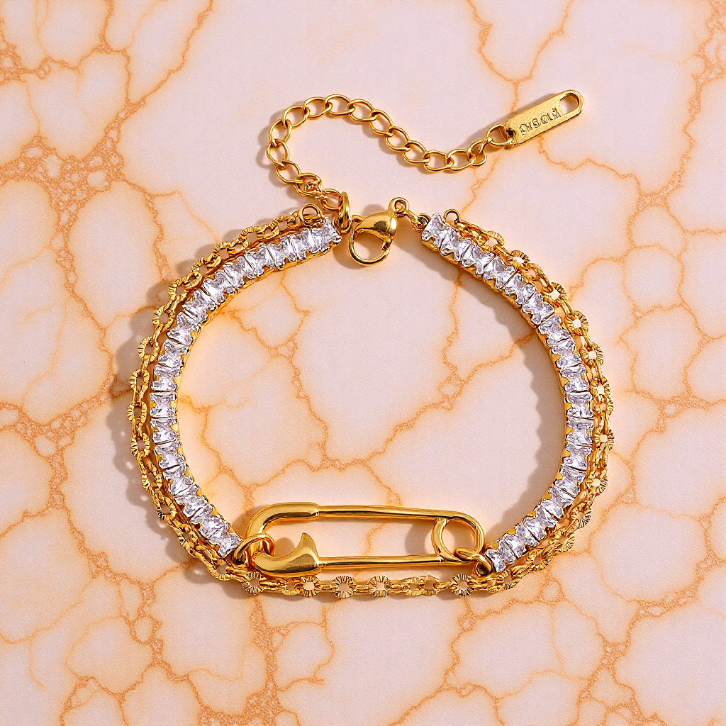 High-End Women’s Gold Plated Stainless Steel Chain Bracelet – Geometric Diamond & Bead Design, Colorfast Fashion