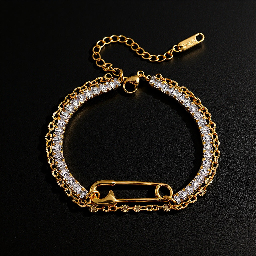 High-End Women’s Gold Plated Stainless Steel Chain Bracelet – Geometric Diamond & Bead Design, Colorfast Fashion