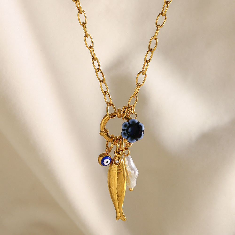 Fashion Unique Modern Stainless Steel Gold-color Plated Geometric Figaro Chain Spring Buckle Fish Pendant Natural Anniversary Gift