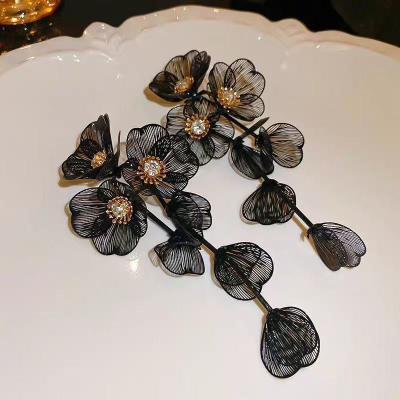 Delicate Vintage Tassel Drop Earrings Double-layer Gold Plated Stainless Steel Inlaid Shiny Bead Flower Leaf Women's